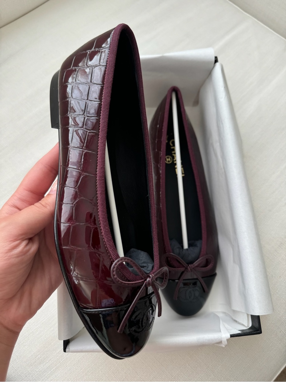 Chanel Burgundy Croc Patent Leather Ballet Flats - Picture 3 of 3